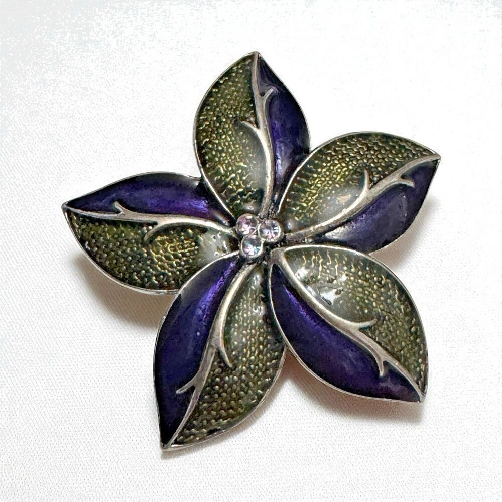 Vintage Purple Green Enamel Flower Brooch 2" Rhinestone Center Pin